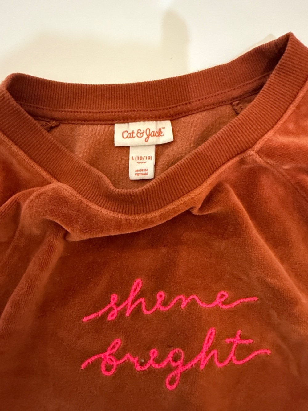 Cat & Jack Rust Orange Velour Sweatshirt with Pink "shine bright" Embroidery